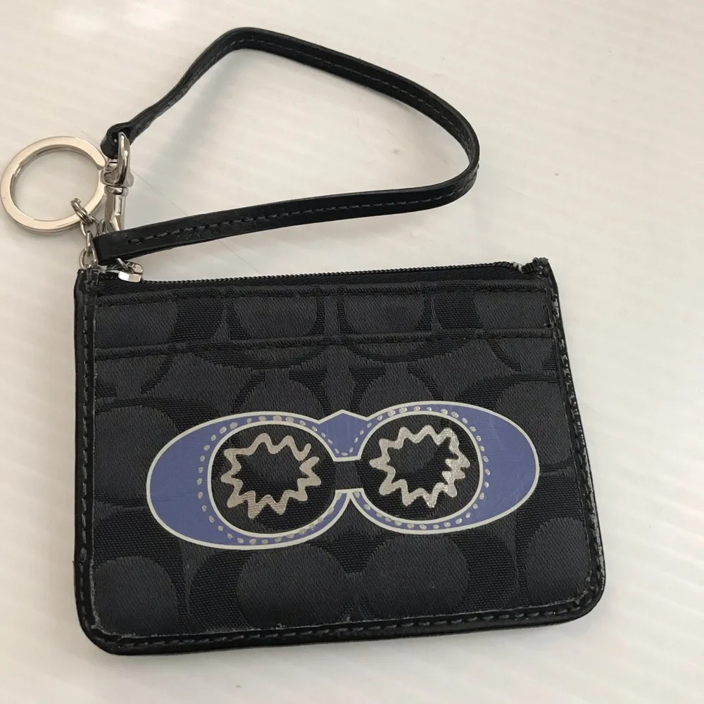 COACH Signature Black Skinny Wristlet ID Card Holder Key Chain